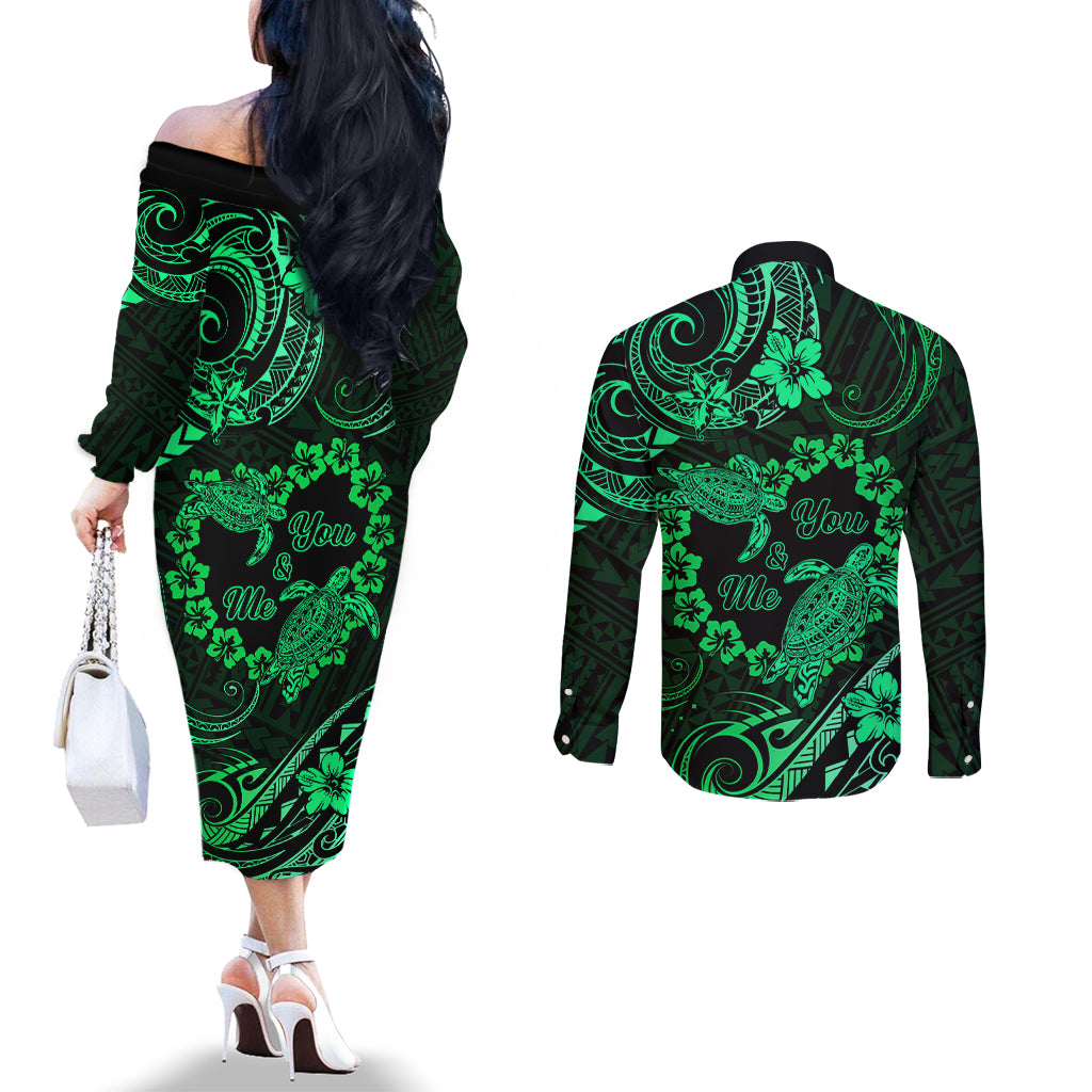 Polynesian Turtle Valentine Couples Matching Off The Shoulder Long Sleeve Dress and Long Sleeve Button Shirt You And Me Green Hibiscus Heart LT01 - Polynesian Pride