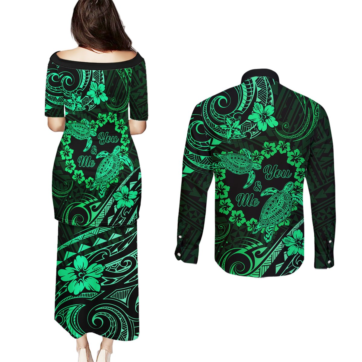Polynesian Turtle Valentine Couples Matching Puletasi and Long Sleeve Button Shirt You And Me Green Hibiscus Heart LT01 - Polynesian Pride