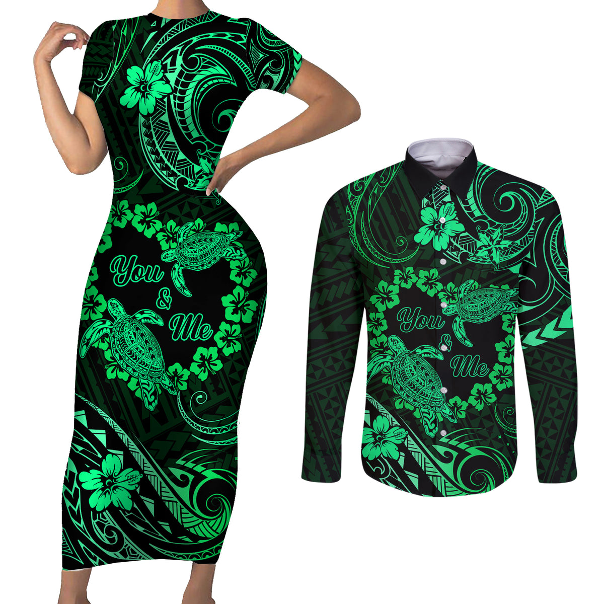 Polynesian Turtle Valentine Couples Matching Short Sleeve Bodycon Dress and Long Sleeve Button Shirt You And Me Green Hibiscus Heart LT01 Green - Polynesian Pride