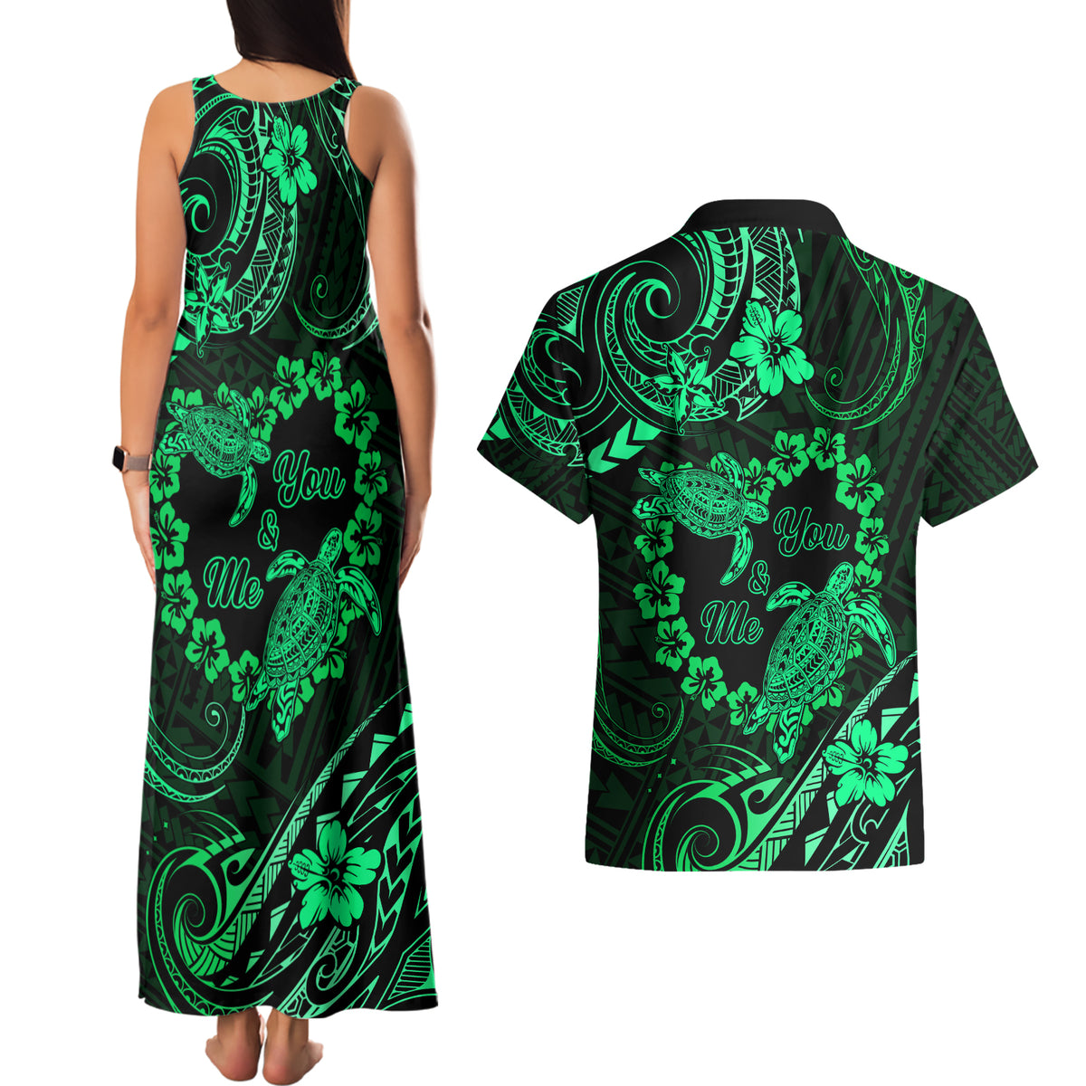 Polynesian Turtle Valentine Couples Matching Tank Maxi Dress and Hawaiian Shirt You And Me Green Hibiscus Heart LT01 - Polynesian Pride