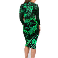 Polynesian Turtle Valentine Family Matching Long Sleeve Bodycon Dress and Hawaiian Shirt You And Me Green Hibiscus Heart LT01 - Polynesian Pride