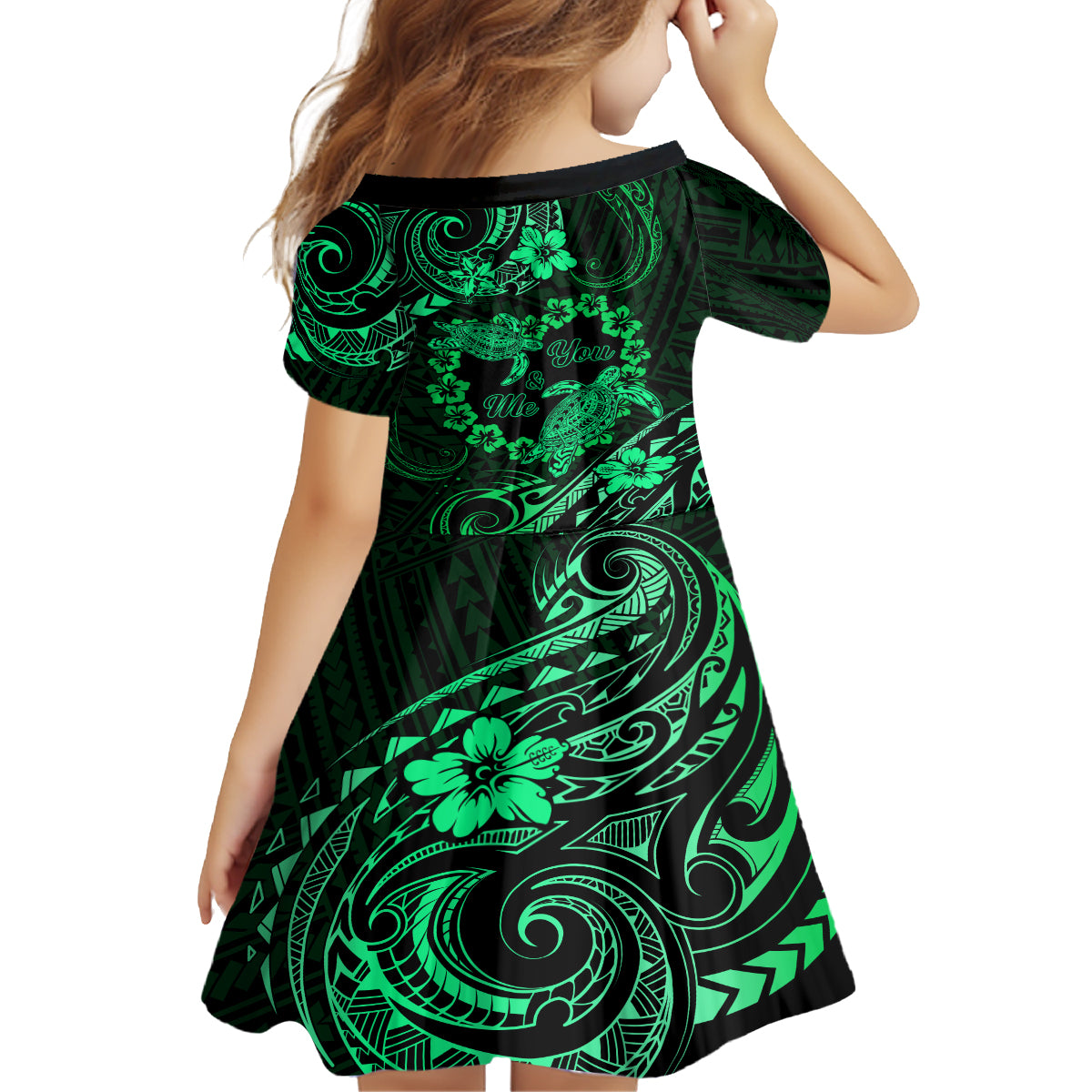Polynesian Turtle Valentine Family Matching Off Shoulder Long Sleeve Dress and Hawaiian Shirt You And Me Green Hibiscus Heart LT01 - Polynesian Pride