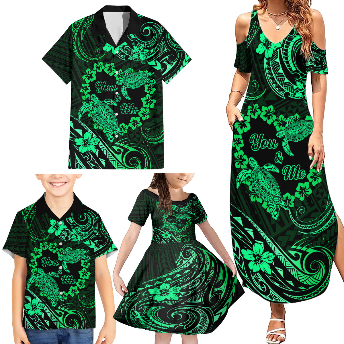 Polynesian Turtle Valentine Family Matching Summer Maxi Dress and Hawaiian Shirt You And Me Green Hibiscus Heart LT01 - Polynesian Pride