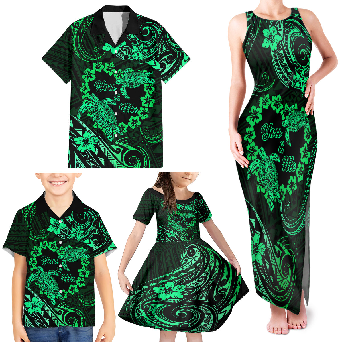 Polynesian Turtle Valentine Family Matching Tank Maxi Dress and Hawaiian Shirt You And Me Green Hibiscus Heart LT01 - Polynesian Pride