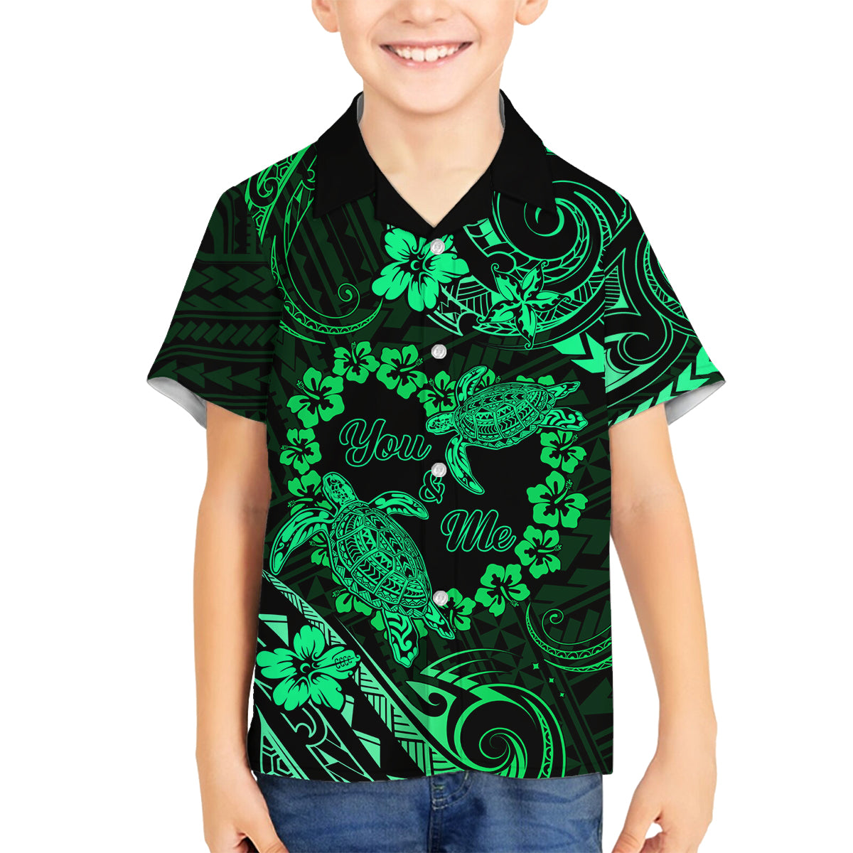 Polynesian Turtle Valentine Family Matching Tank Maxi Dress and Hawaiian Shirt You And Me Green Hibiscus Heart LT01 Son's Shirt Green - Polynesian Pride
