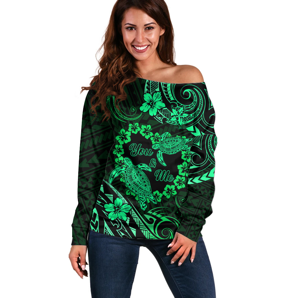 Polynesian Turtle Valentine Off Shoulder Sweater You And Me Green Hibiscus Heart LT01 Women Green - Polynesian Pride