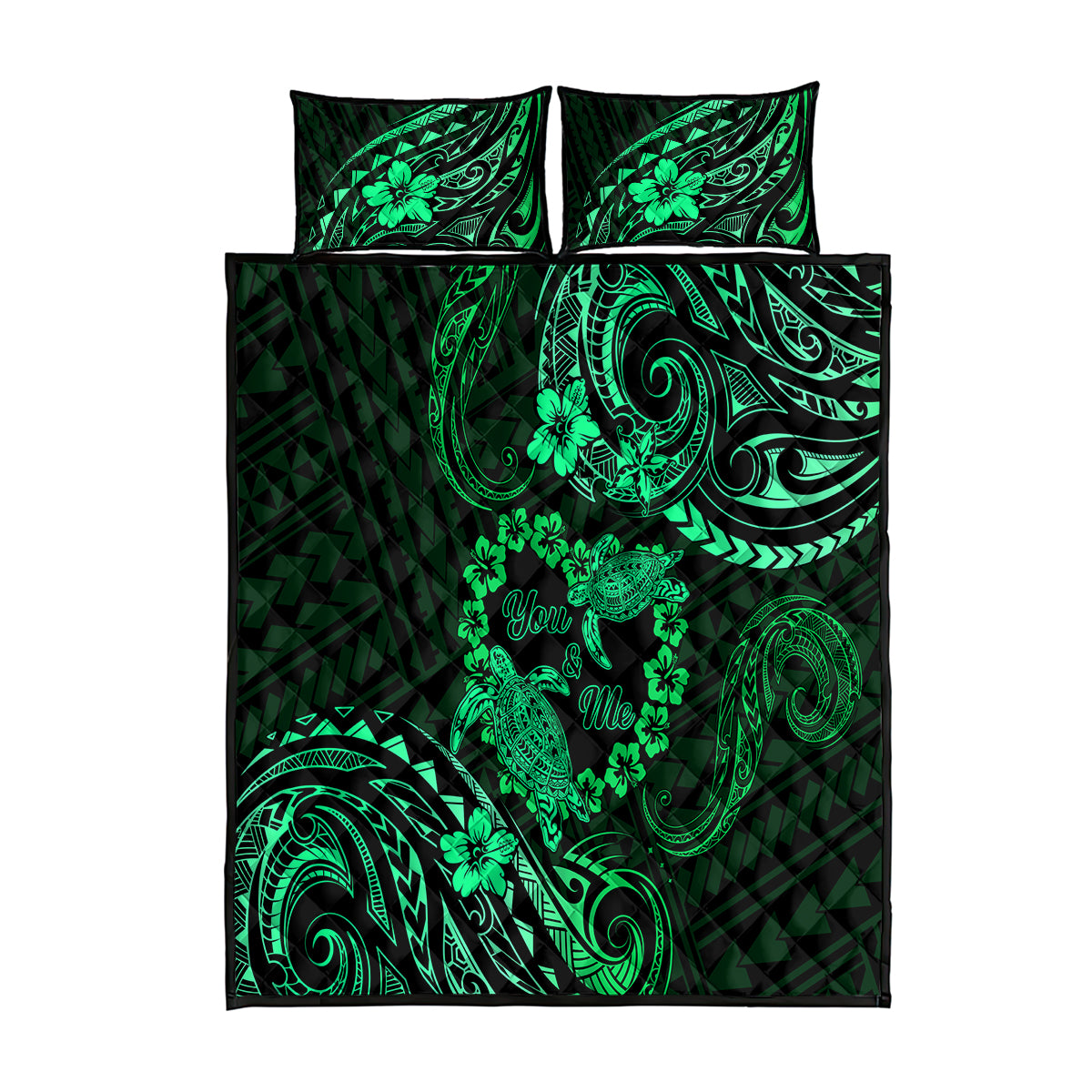 Polynesian Turtle Valentine Quilt Bed Set You And Me Green Hibiscus Heart LT01 Green - Polynesian Pride