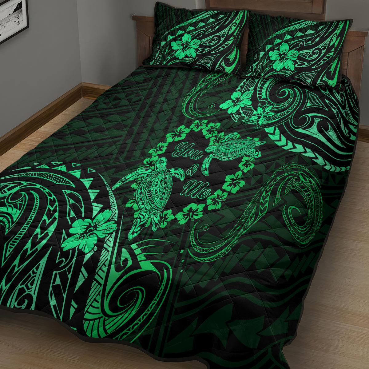 Polynesian Turtle Valentine Quilt Bed Set You And Me Green Hibiscus Heart LT01 - Polynesian Pride