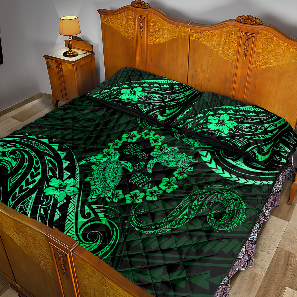 Polynesian Turtle Valentine Quilt Bed Set You And Me Green Hibiscus Heart LT01 - Polynesian Pride