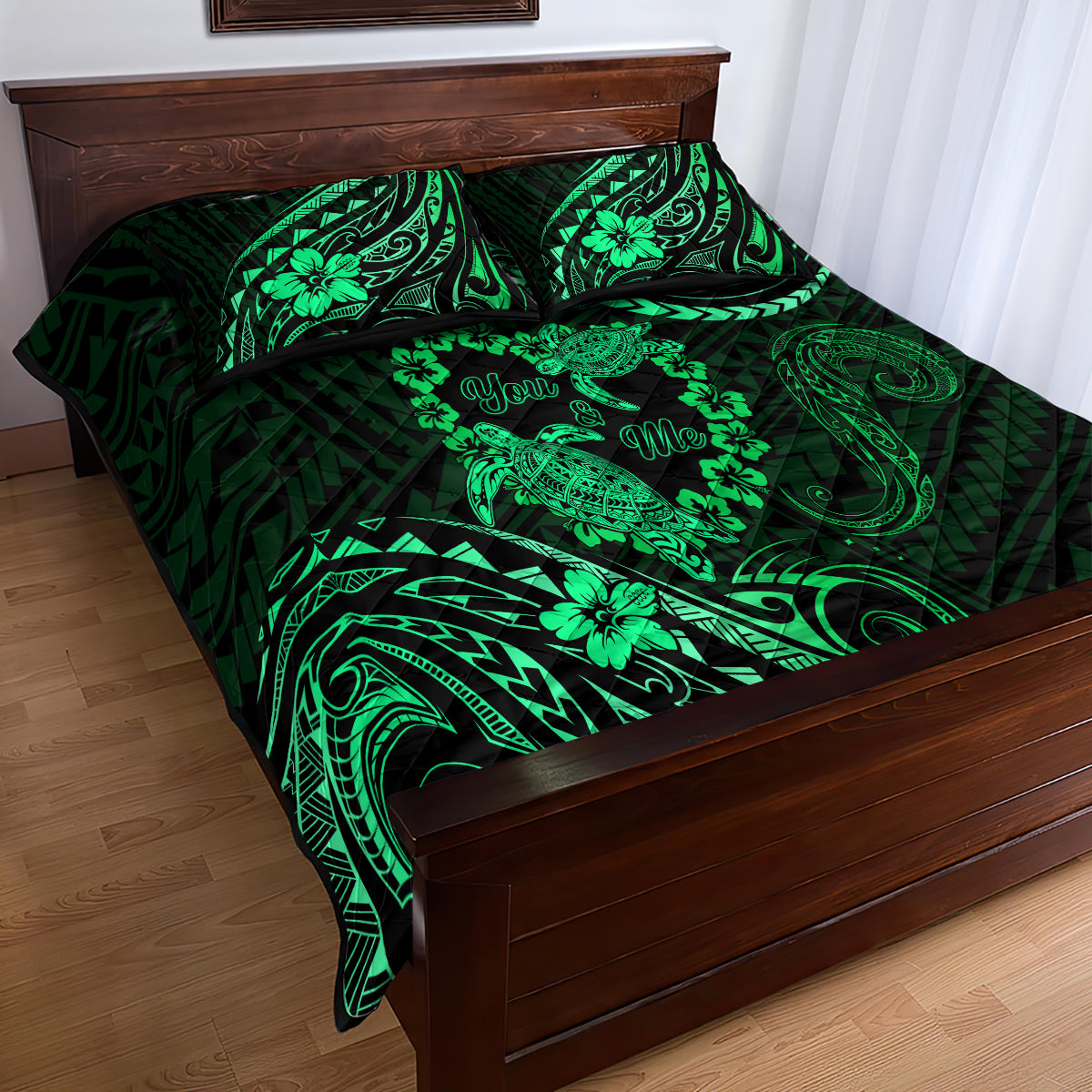 Polynesian Turtle Valentine Quilt Bed Set You And Me Green Hibiscus Heart LT01 - Polynesian Pride