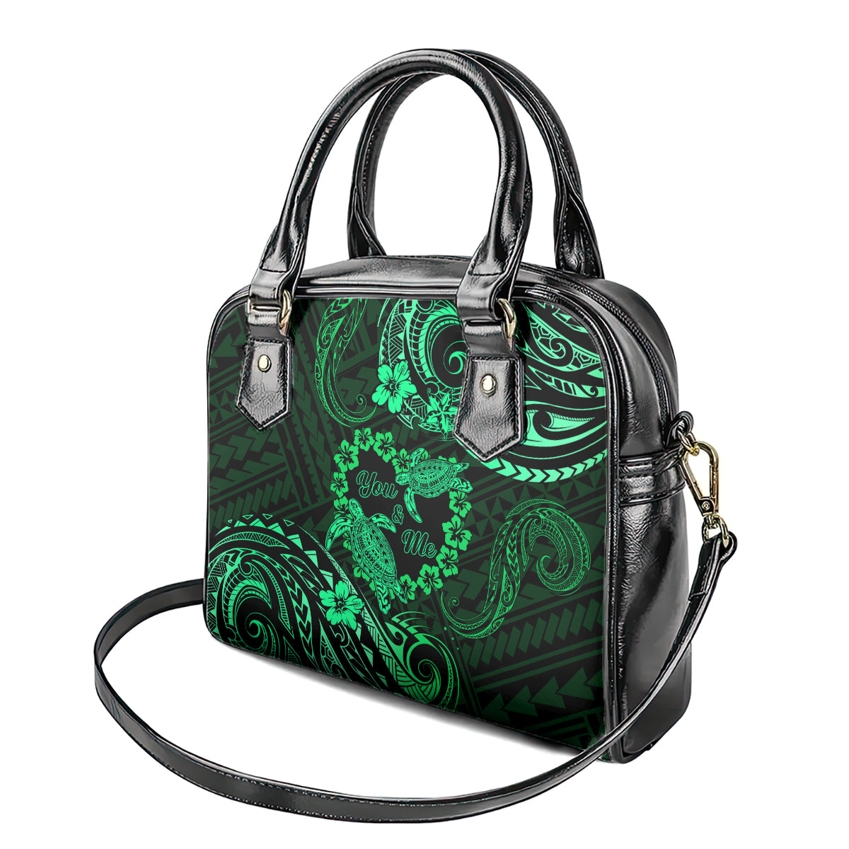 Polynesian Turtle Valentine Shoulder Handbag You And Me Green Hibiscus Heart LT01 - Polynesian Pride