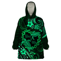 Polynesian Turtle Valentine Wearable Blanket Hoodie You And Me Green Hibiscus Heart LT01 One Size Green - Polynesian Pride