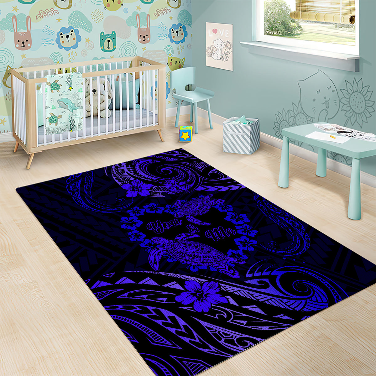 Polynesian Turtle Valentine Area Rug You And Me Navy Blue Hibiscus Heart LT01 - Polynesian Pride