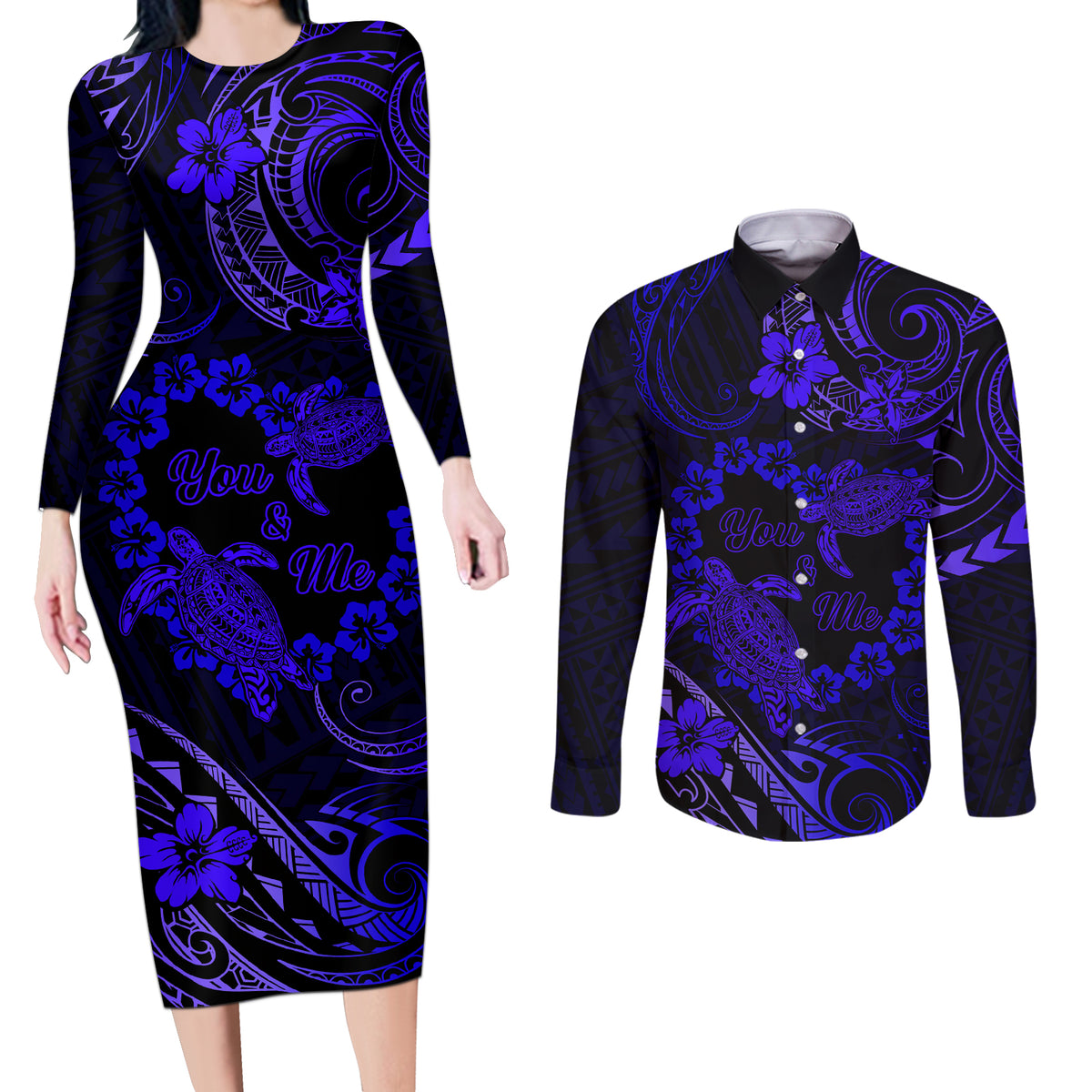 Polynesian Turtle Valentine Couples Matching Long Sleeve Bodycon Dress and Long Sleeve Button Shirt You And Me Navy Blue Hibiscus Heart LT01 Blue - Polynesian Pride
