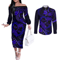 Polynesian Turtle Valentine Couples Matching Off The Shoulder Long Sleeve Dress and Long Sleeve Button Shirt You And Me Navy Blue Hibiscus Heart LT01 Blue - Polynesian Pride