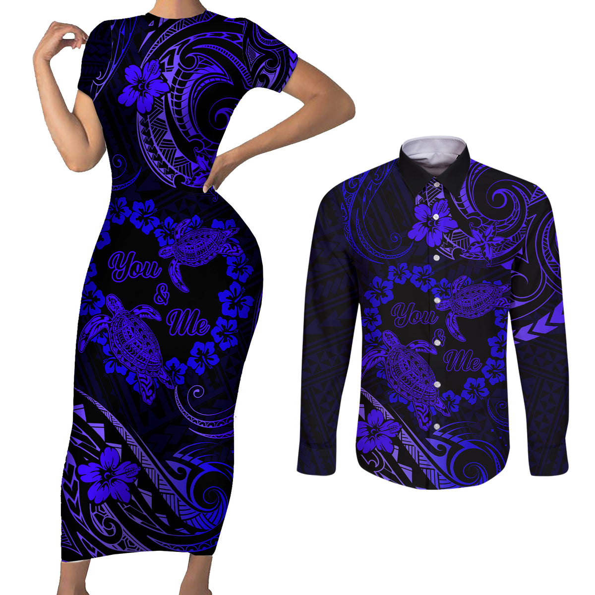 Polynesian Turtle Valentine Couples Matching Short Sleeve Bodycon Dress and Long Sleeve Button Shirt You And Me Navy Blue Hibiscus Heart LT01 Blue - Polynesian Pride