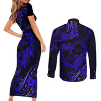 Polynesian Turtle Valentine Couples Matching Short Sleeve Bodycon Dress and Long Sleeve Button Shirt You And Me Navy Blue Hibiscus Heart LT01 - Polynesian Pride