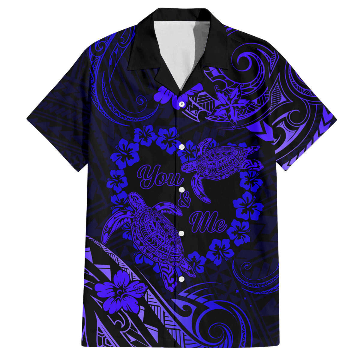 Polynesian Turtle Valentine Family Matching Off Shoulder Short Dress and Hawaiian Shirt You And Me Navy Blue Hibiscus Heart LT01 Dad's Shirt - Short Sleeve Blue - Polynesian Pride