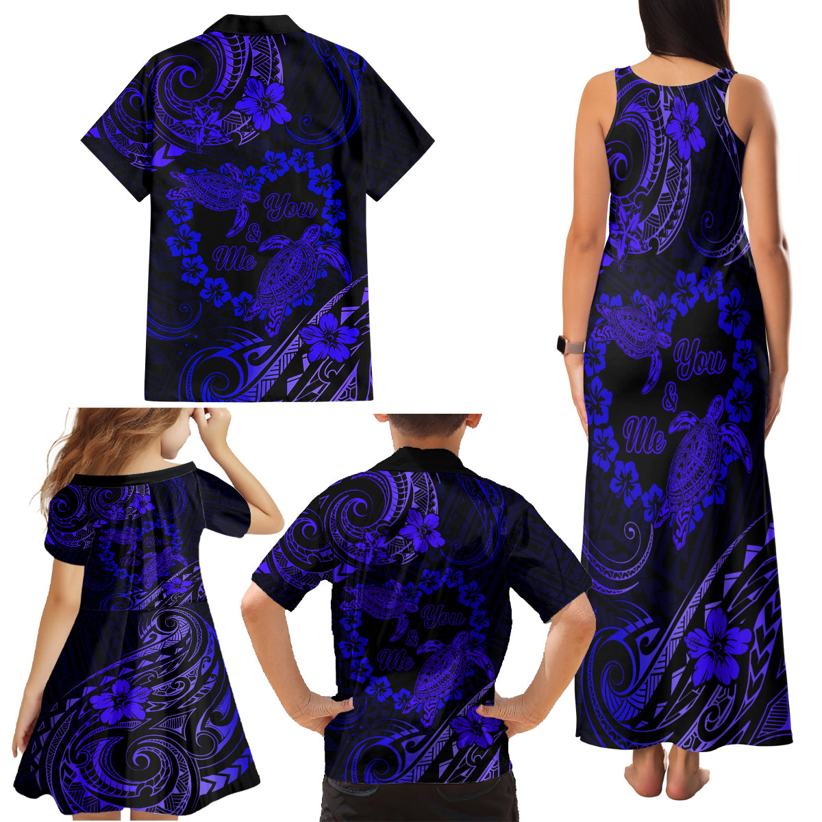 Polynesian Turtle Valentine Family Matching Tank Maxi Dress and Hawaiian Shirt You And Me Navy Blue Hibiscus Heart LT01 - Polynesian Pride