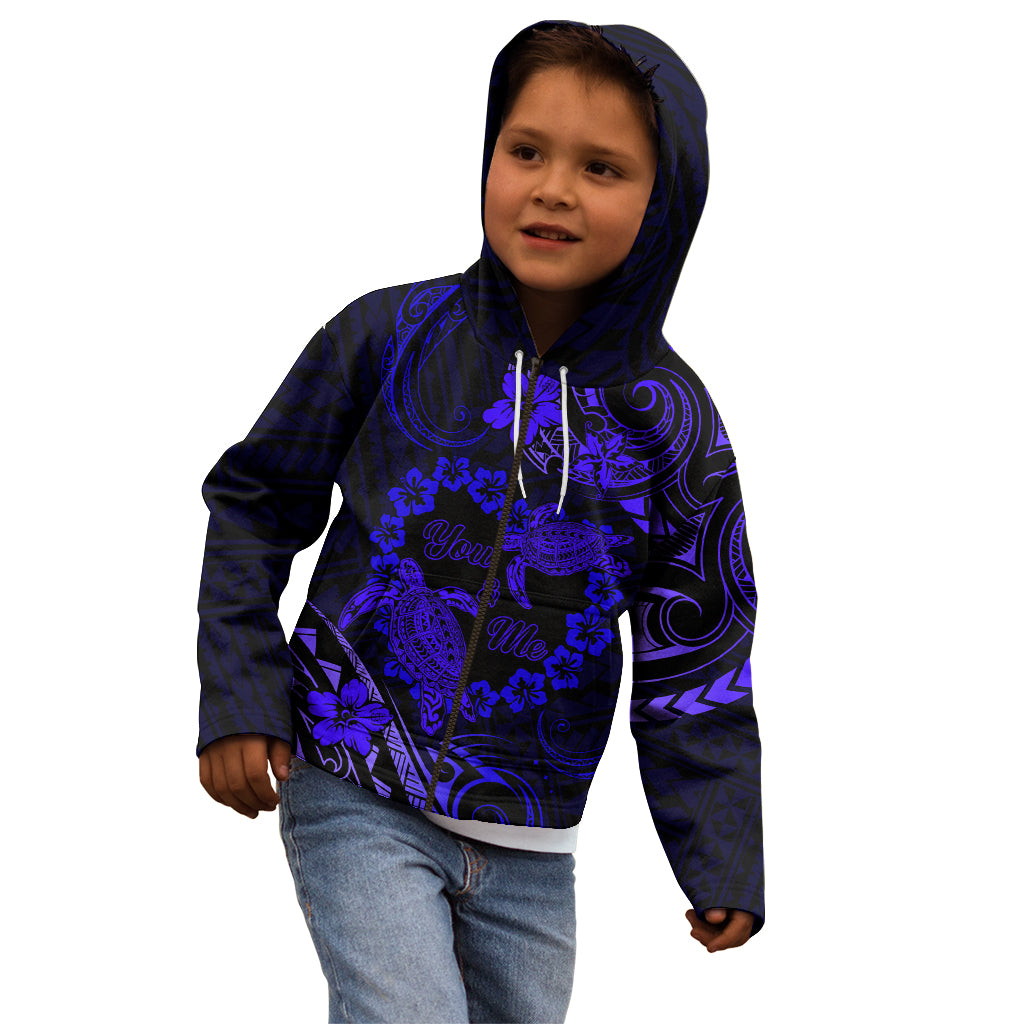 Polynesian Turtle Valentine Kid Hoodie You And Me Navy Blue Hibiscus Heart LT01 - Polynesian Pride