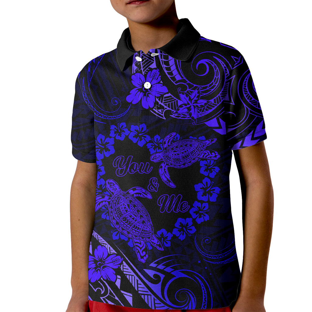 Polynesian Turtle Valentine Kid Polo Shirt You And Me Navy Blue Hibiscus Heart LT01 Kid Blue - Polynesian Pride
