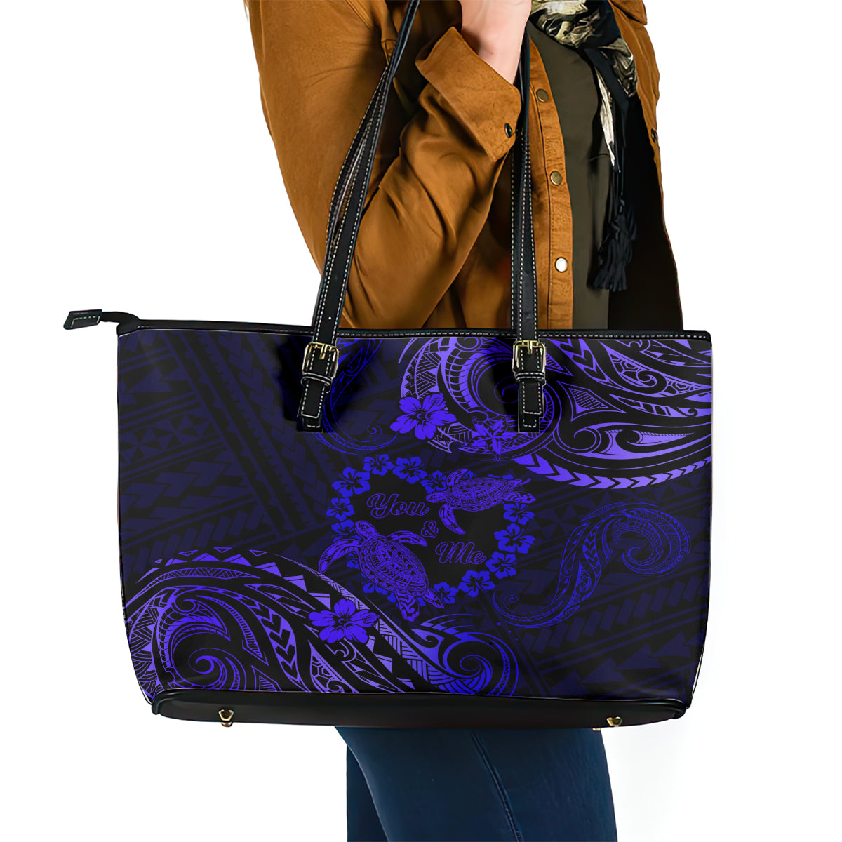 Polynesian Turtle Valentine Leather Tote Bag You And Me Navy Blue Hibiscus Heart LT01 - Polynesian Pride