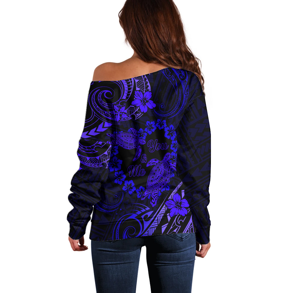 Polynesian Turtle Valentine Off Shoulder Sweater You And Me Navy Blue Hibiscus Heart LT01 - Polynesian Pride