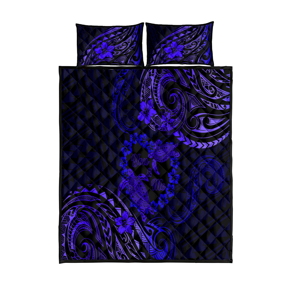 Polynesian Turtle Valentine Quilt Bed Set You And Me Navy Blue Hibiscus Heart LT01 Blue - Polynesian Pride