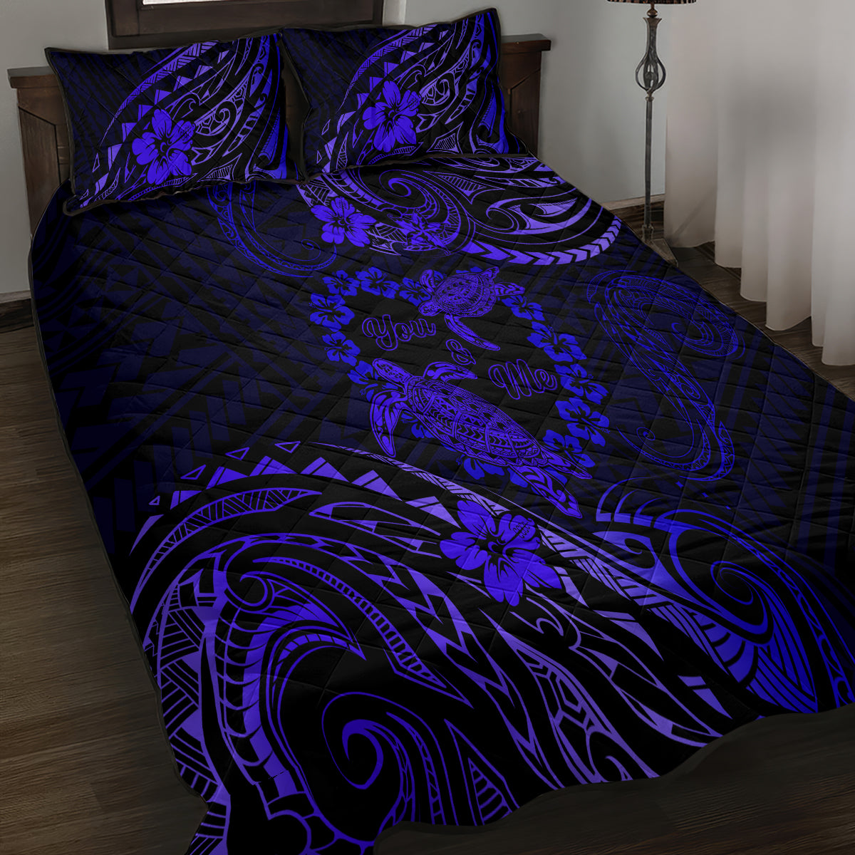 Polynesian Turtle Valentine Quilt Bed Set You And Me Navy Blue Hibiscus Heart LT01 - Polynesian Pride