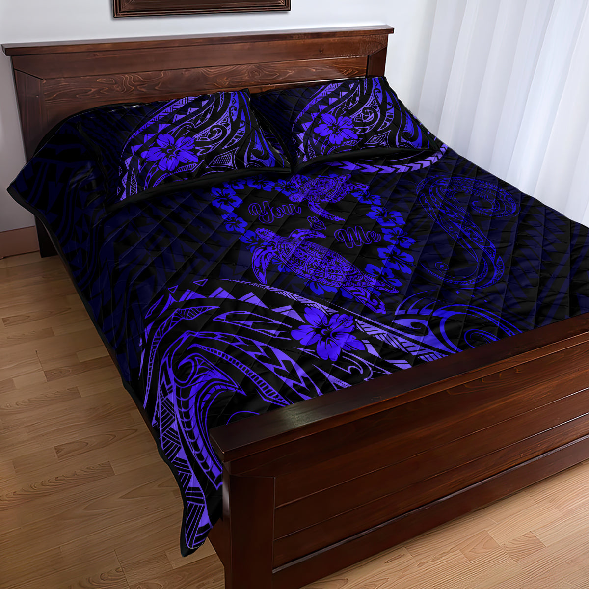 Polynesian Turtle Valentine Quilt Bed Set You And Me Navy Blue Hibiscus Heart LT01 - Polynesian Pride
