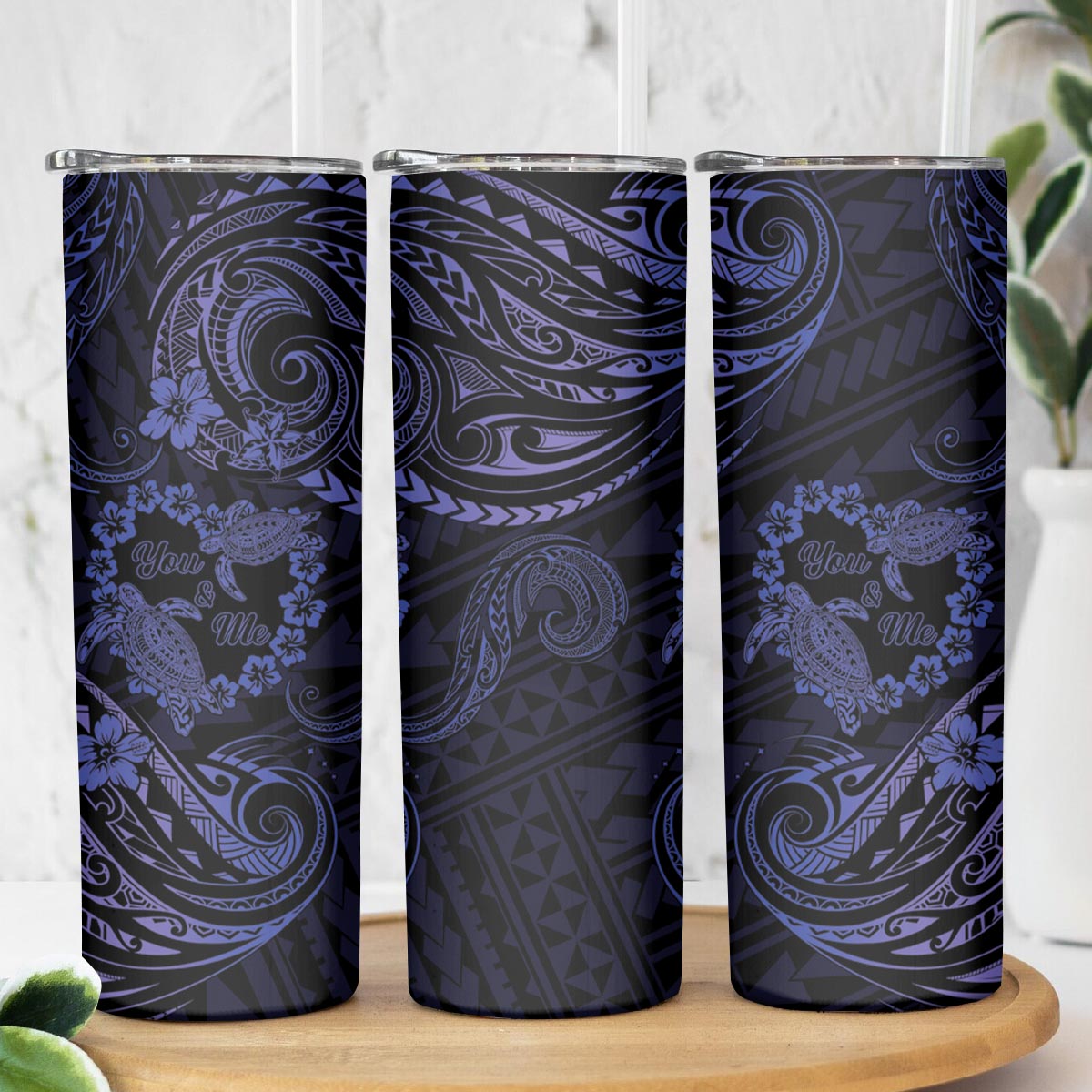 Polynesian Turtle Valentine Skinny Tumbler You And Me Navy Blue Hibiscus Heart