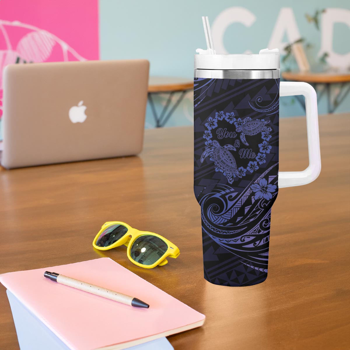 Polynesian Turtle Valentine Tumbler With Handle You And Me Navy Blue Hibiscus Heart