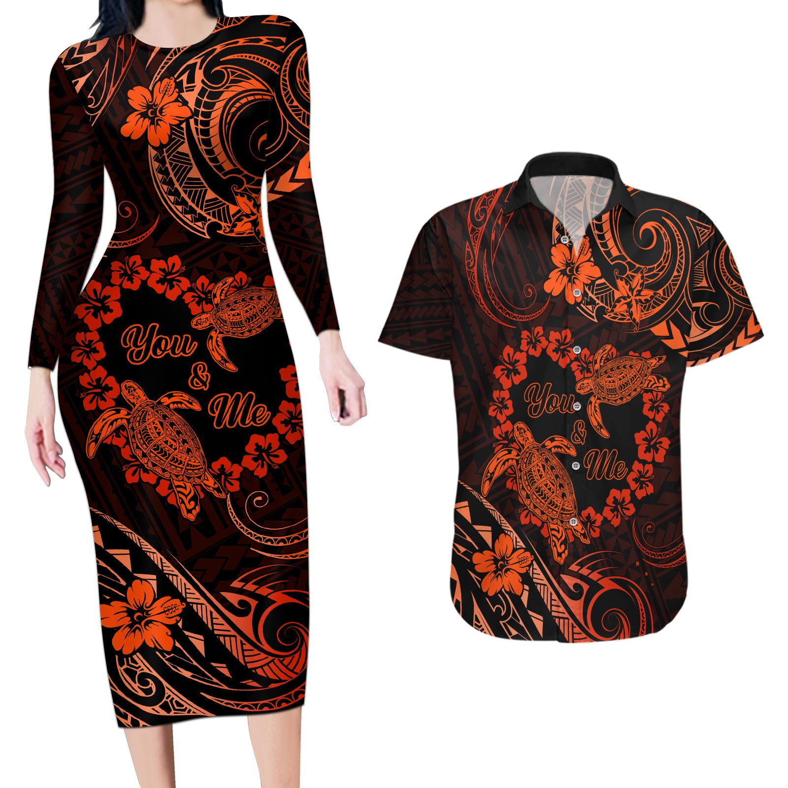 Polynesian Turtle Valentine Couples Matching Long Sleeve Bodycon Dress and Hawaiian Shirt You And Me Orange Hibiscus Heart LT01 Orange - Polynesian Pride