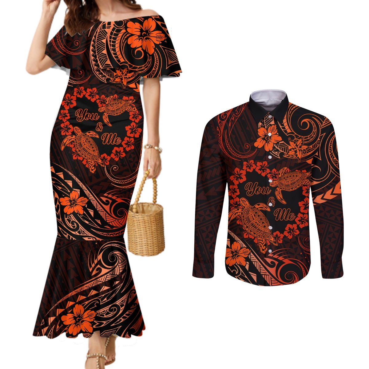 Polynesian Turtle Valentine Couples Matching Mermaid Dress and Long Sleeve Button Shirt You And Me Orange Hibiscus Heart LT01 Orange - Polynesian Pride