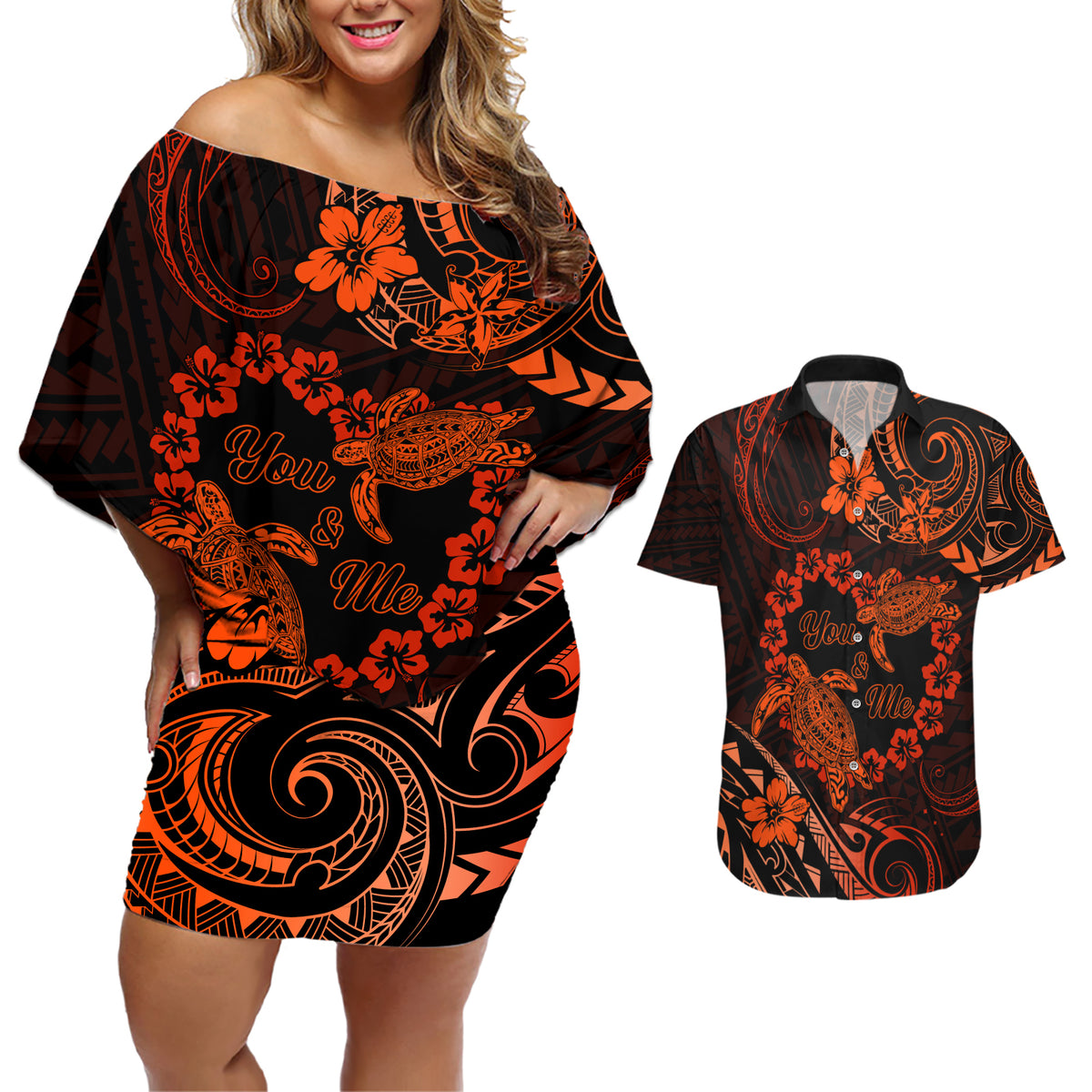 Polynesian Turtle Valentine Couples Matching Off Shoulder Short Dress and Hawaiian Shirt You And Me Orange Hibiscus Heart LT01 Orange - Polynesian Pride