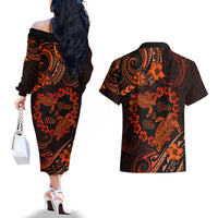 Polynesian Turtle Valentine Couples Matching Off The Shoulder Long Sleeve Dress and Hawaiian Shirt You And Me Orange Hibiscus Heart LT01 - Polynesian Pride