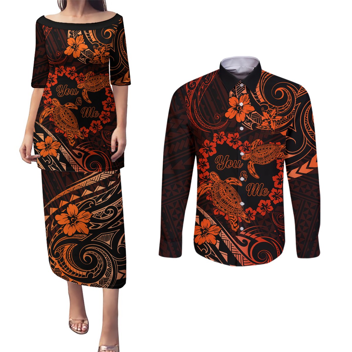 Polynesian Turtle Valentine Couples Matching Puletasi and Long Sleeve Button Shirt You And Me Orange Hibiscus Heart LT01 Orange - Polynesian Pride