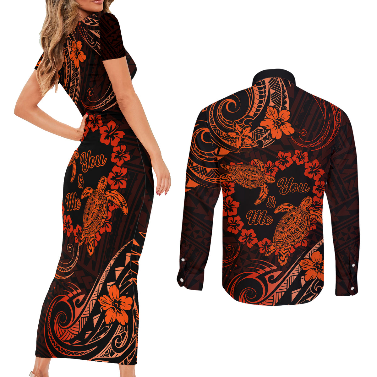 Polynesian Turtle Valentine Couples Matching Short Sleeve Bodycon Dress and Long Sleeve Button Shirt You And Me Orange Hibiscus Heart LT01 - Polynesian Pride