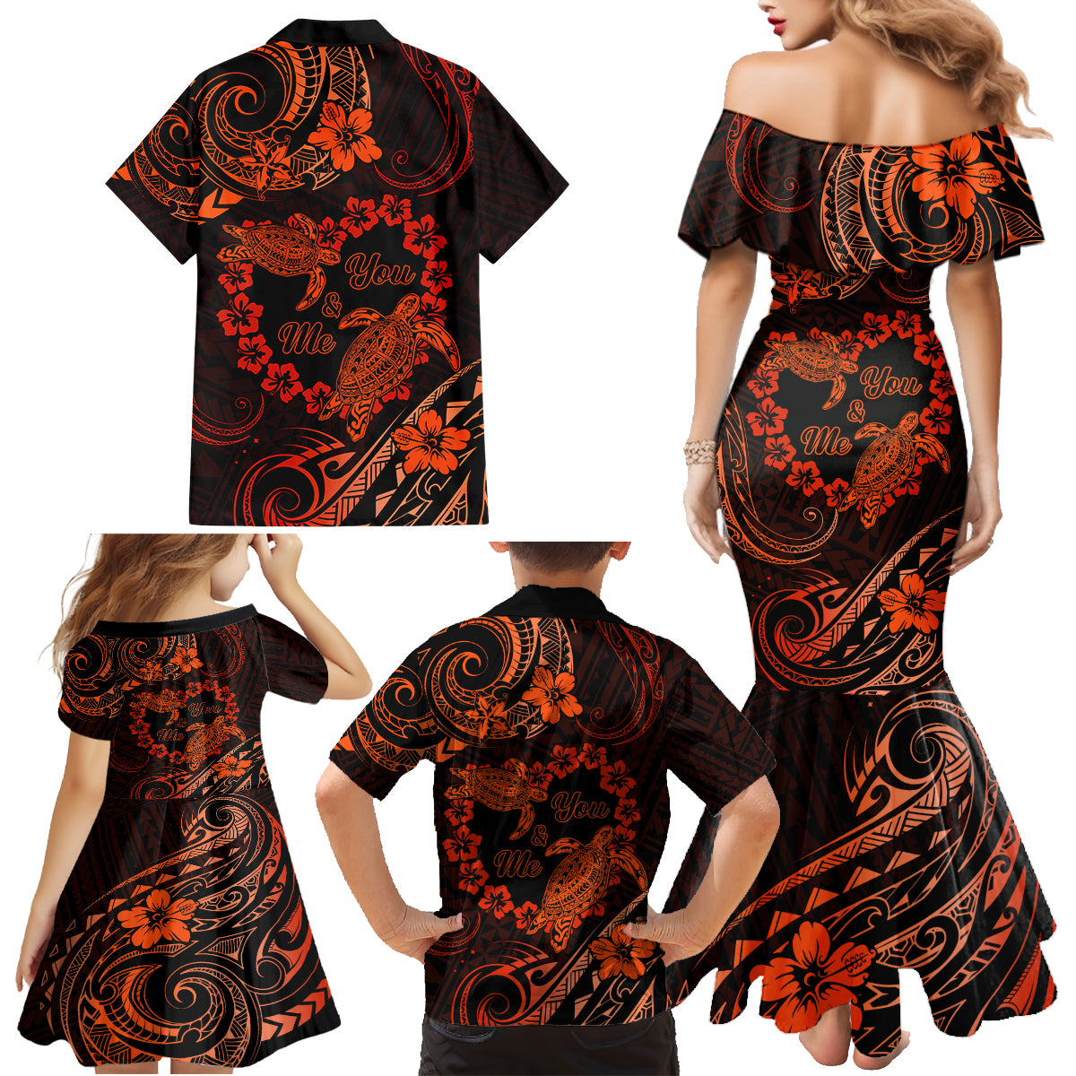 Polynesian Turtle Valentine Family Matching Mermaid Dress and Hawaiian Shirt You And Me Orange Hibiscus Heart LT01 - Polynesian Pride