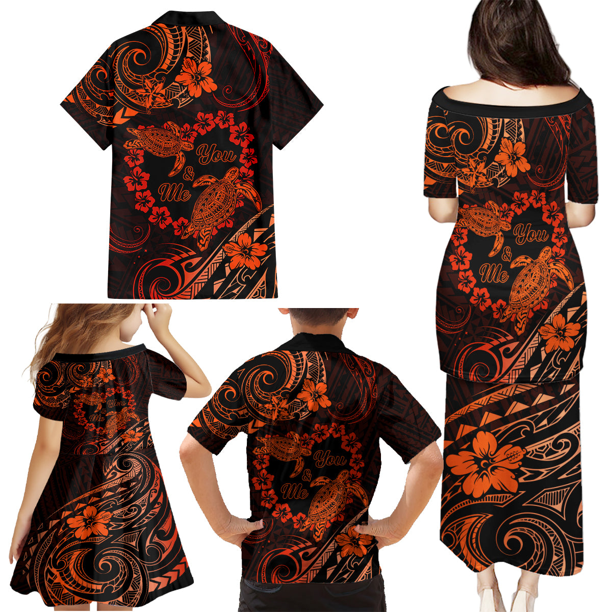 Polynesian Turtle Valentine Family Matching Puletasi and Hawaiian Shirt You And Me Orange Hibiscus Heart LT01 - Polynesian Pride