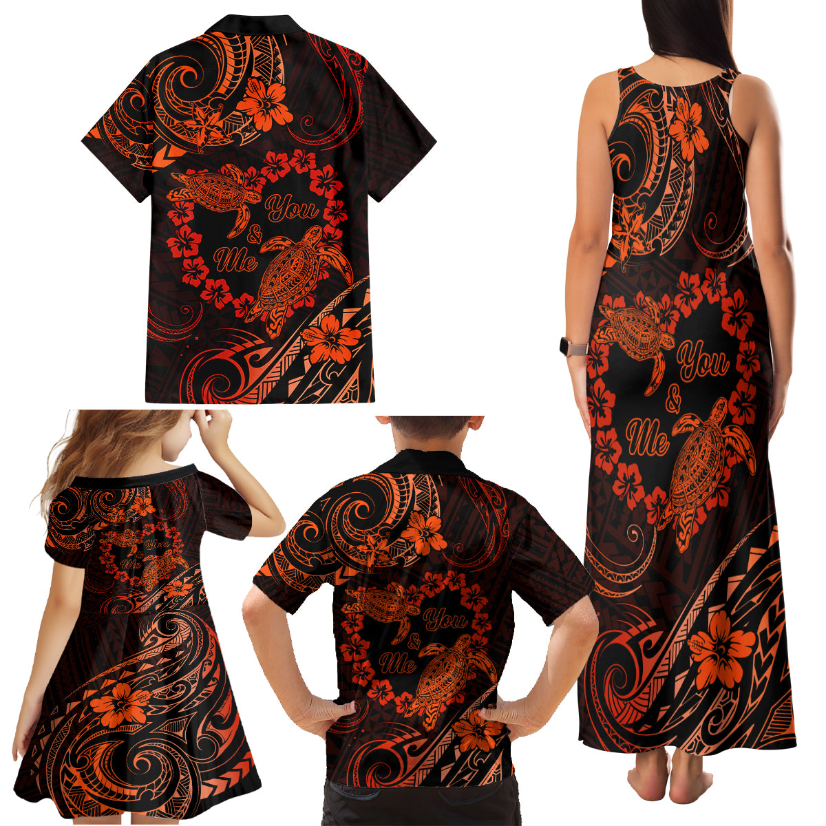 Polynesian Turtle Valentine Family Matching Tank Maxi Dress and Hawaiian Shirt You And Me Orange Hibiscus Heart LT01 - Polynesian Pride