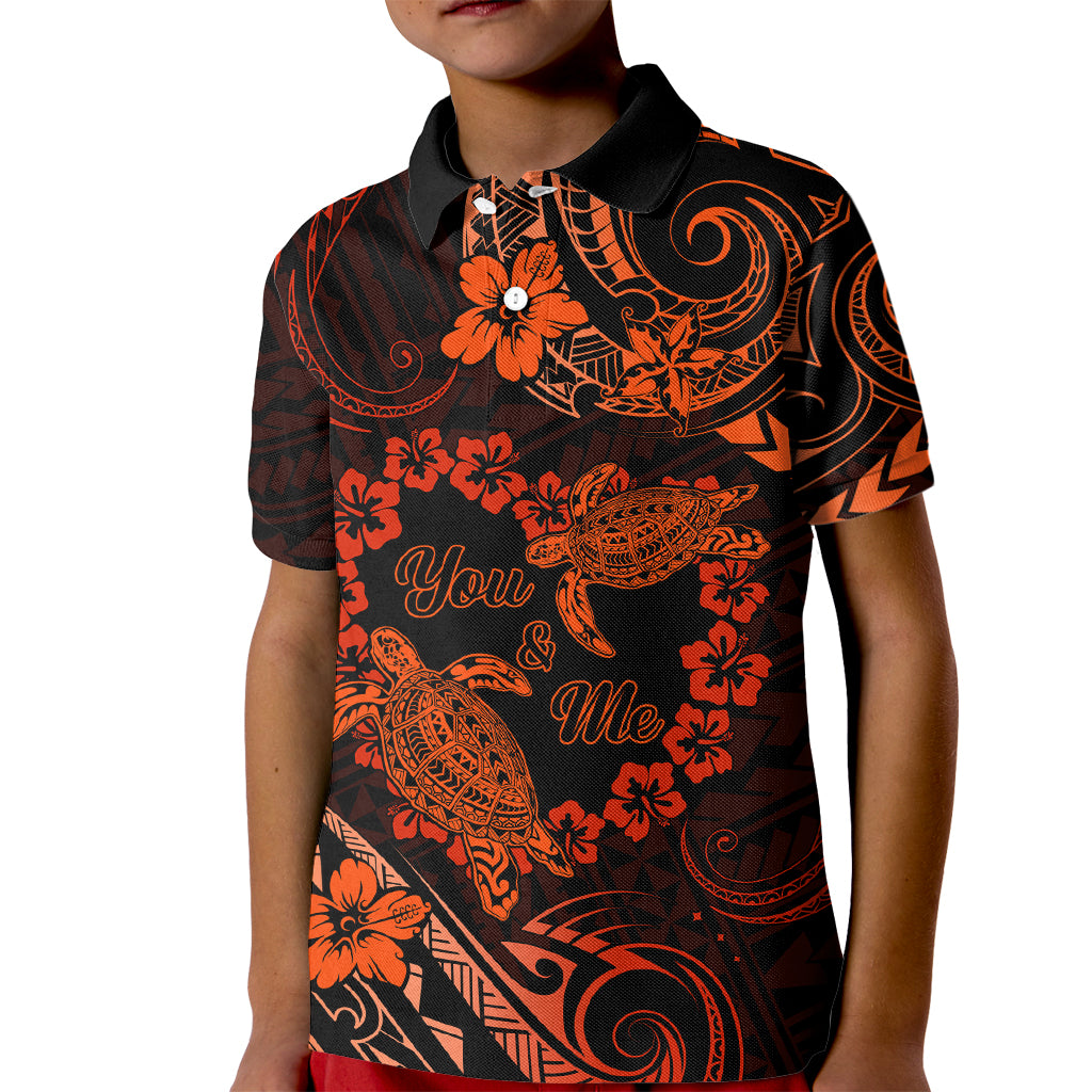 Polynesian Turtle Valentine Kid Polo Shirt You And Me Orange Hibiscus Heart LT01 Kid Orange - Polynesian Pride