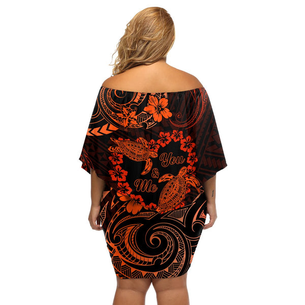 Polynesian Pride Off Shoulder Short Dress Turtle Hibiscus Luxury Style - Beige LT7