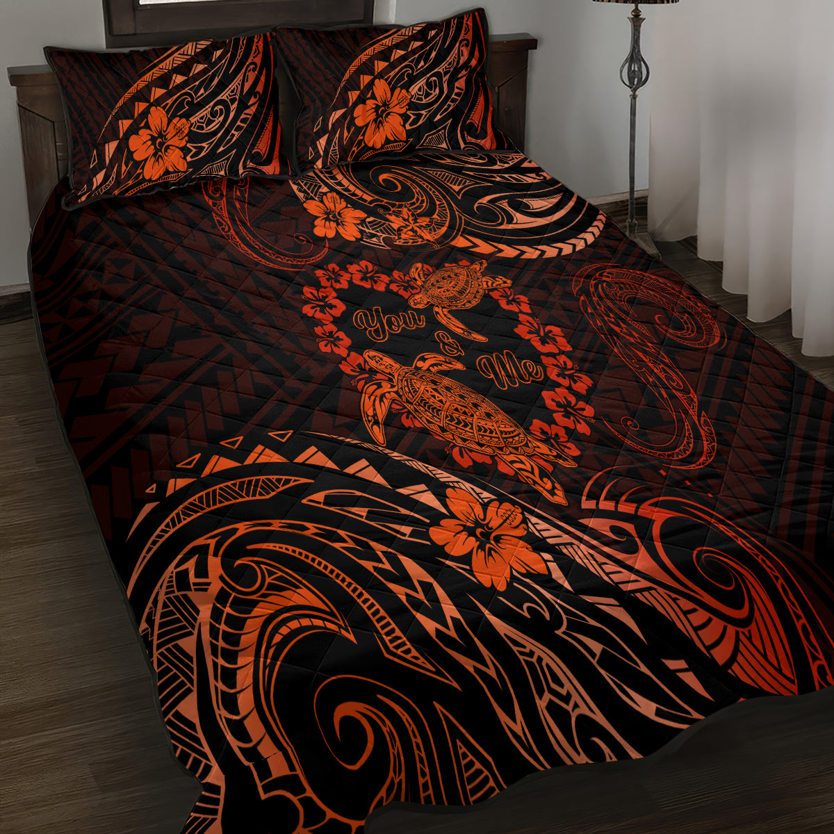 Polynesian Turtle Valentine Quilt Bed Set You And Me Orange Hibiscus Heart LT01 - Polynesian Pride