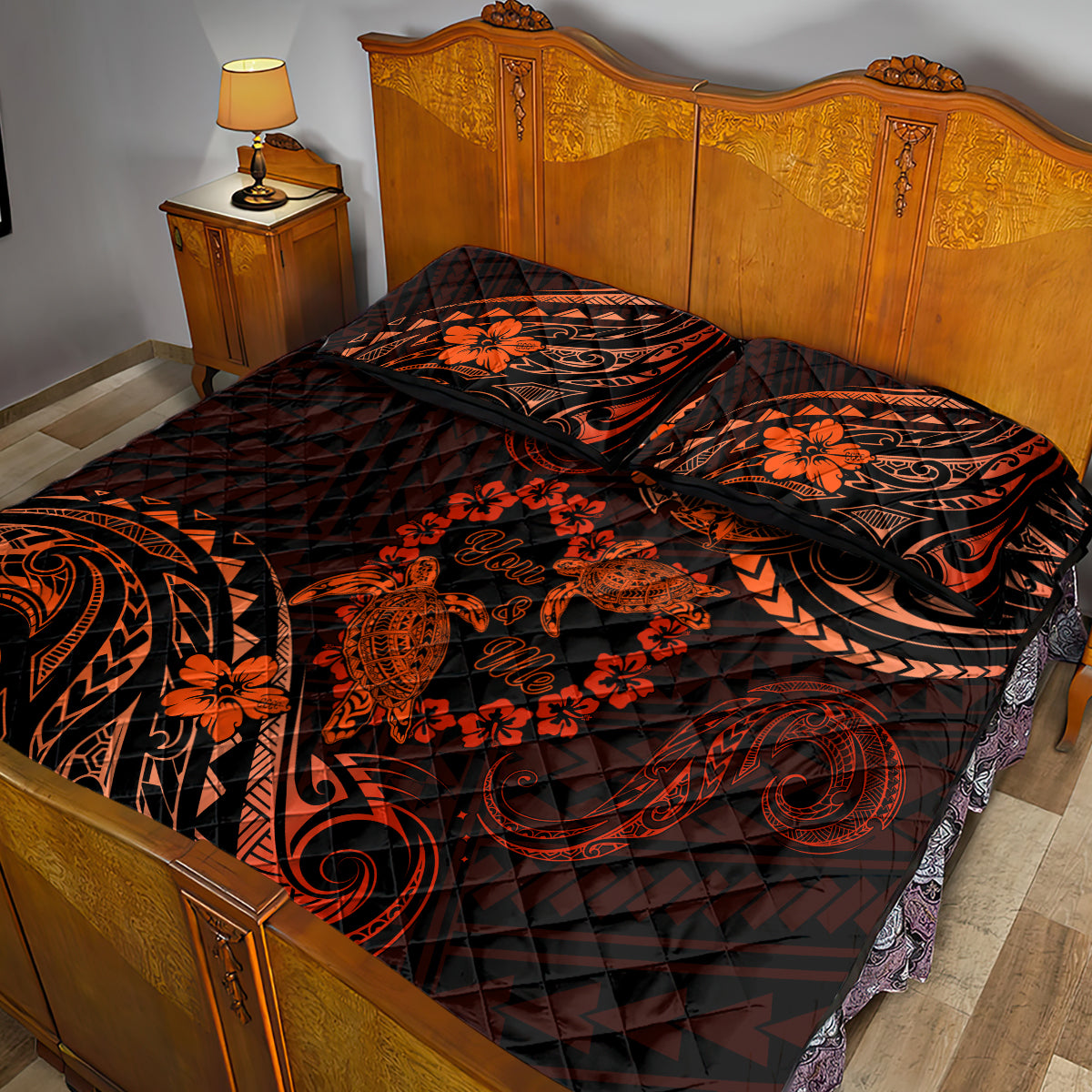 Polynesian Turtle Valentine Quilt Bed Set You And Me Orange Hibiscus Heart LT01 - Polynesian Pride