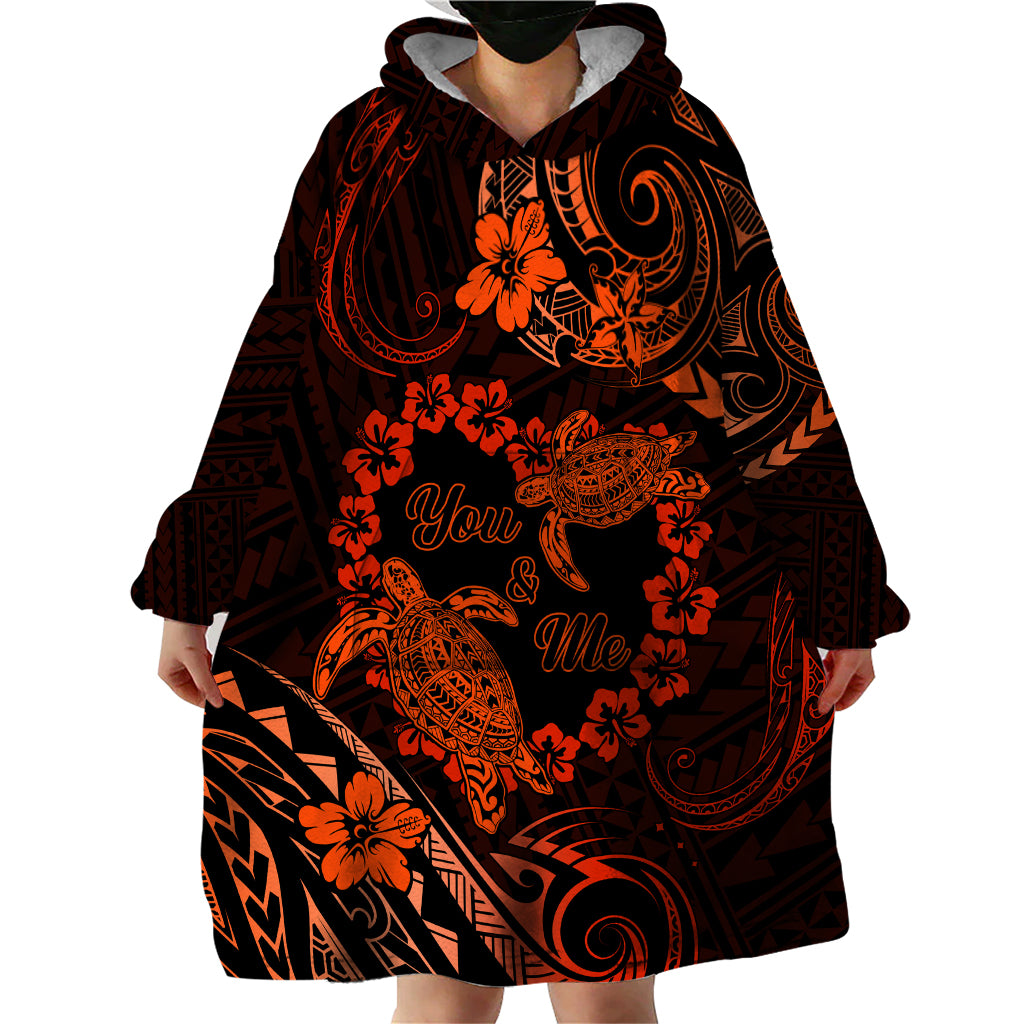 Polynesian Turtle Valentine Wearable Blanket Hoodie You And Me Orange Hibiscus Heart LT01 - Polynesian Pride