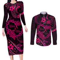 Polynesian Turtle Valentine Couples Matching Long Sleeve Bodycon Dress and Long Sleeve Button Shirt You And Me Pink Hibiscus Heart LT01 Pink - Polynesian Pride