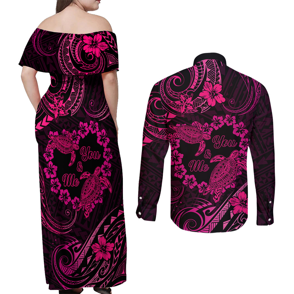 Polynesian Turtle Valentine Couples Matching Off Shoulder Maxi Dress and Long Sleeve Button Shirt You And Me Pink Hibiscus Heart LT01 - Polynesian Pride