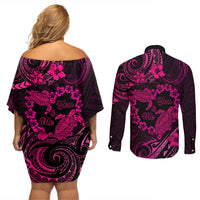Polynesian Turtle Valentine Couples Matching Off Shoulder Short Dress and Long Sleeve Button Shirt You And Me Pink Hibiscus Heart LT01 - Polynesian Pride