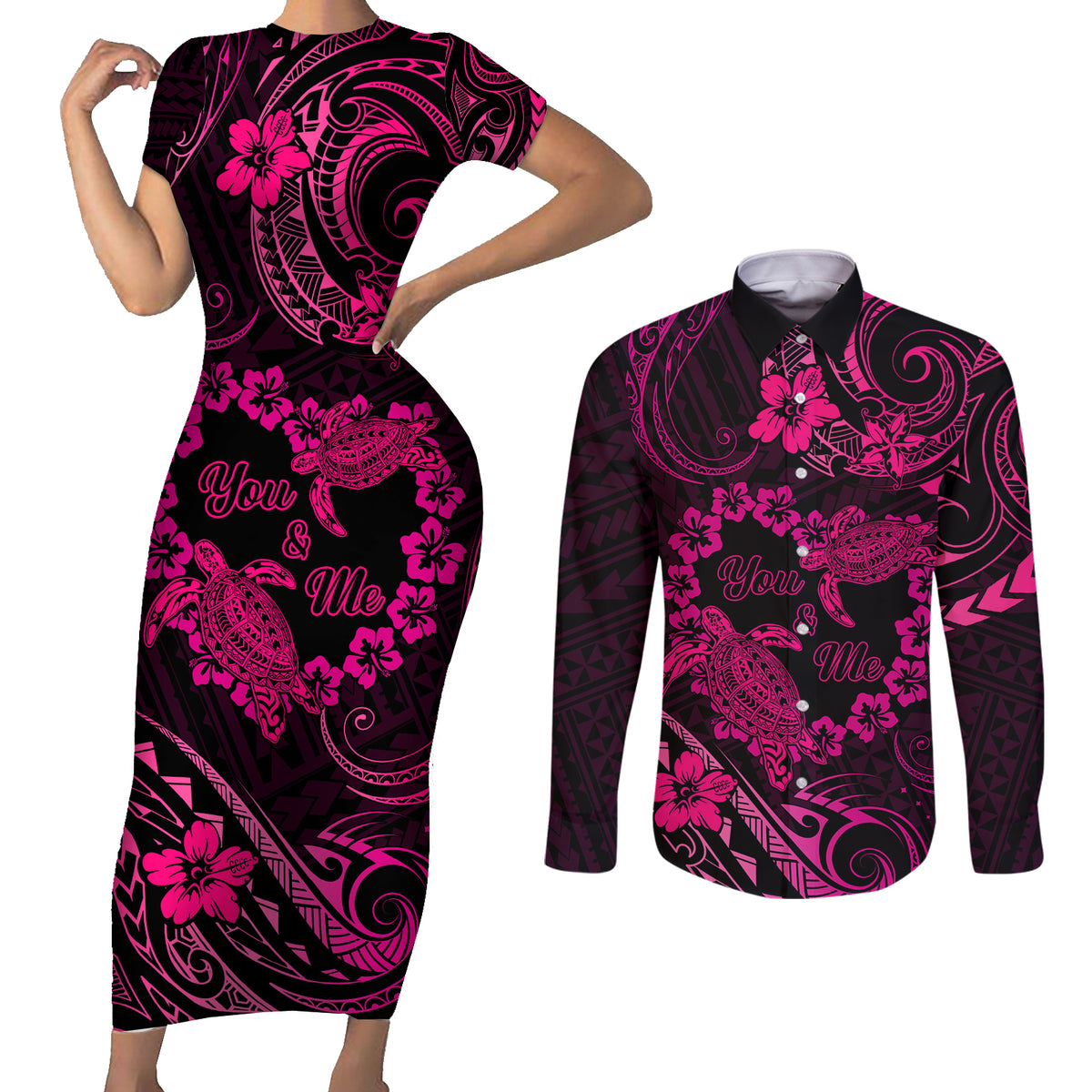 Polynesian Turtle Valentine Couples Matching Short Sleeve Bodycon Dress and Long Sleeve Button Shirt You And Me Pink Hibiscus Heart LT01 Pink - Polynesian Pride